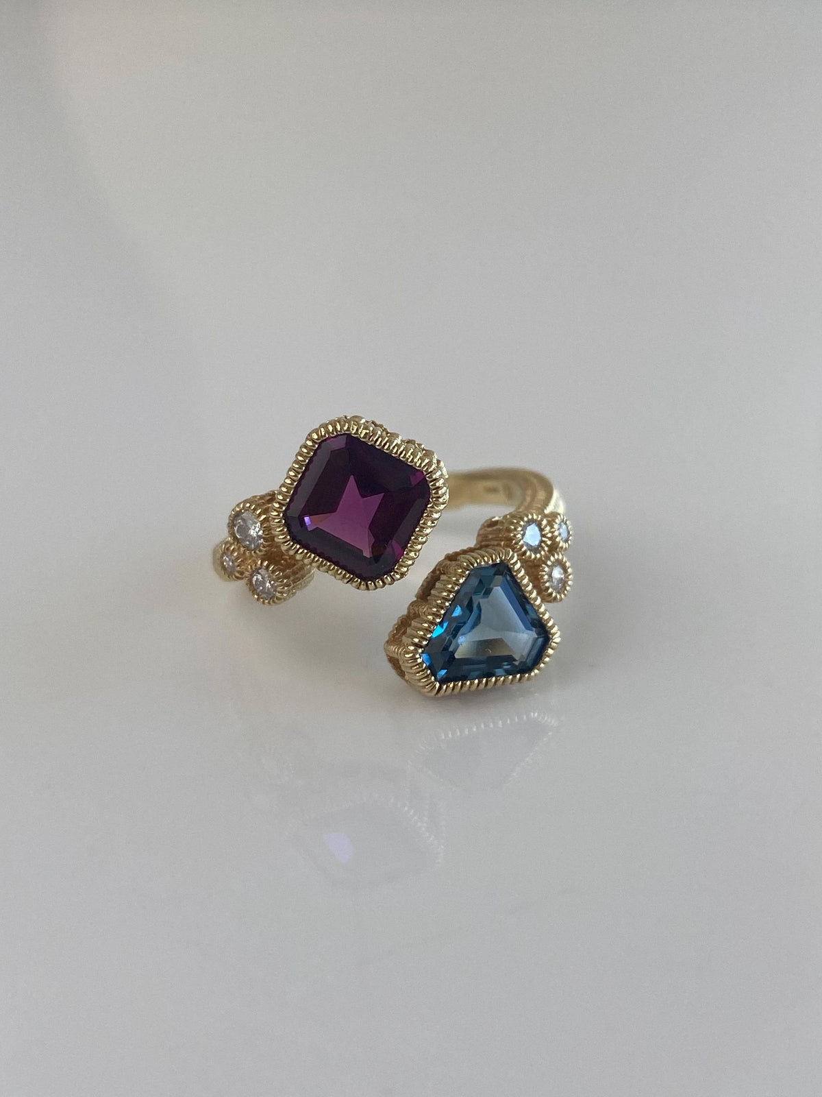 Vintage Solid 14k Yellow Gold Diamond Topaz Pink Tourmaline Bypass Textured Ring - Size 6.75
