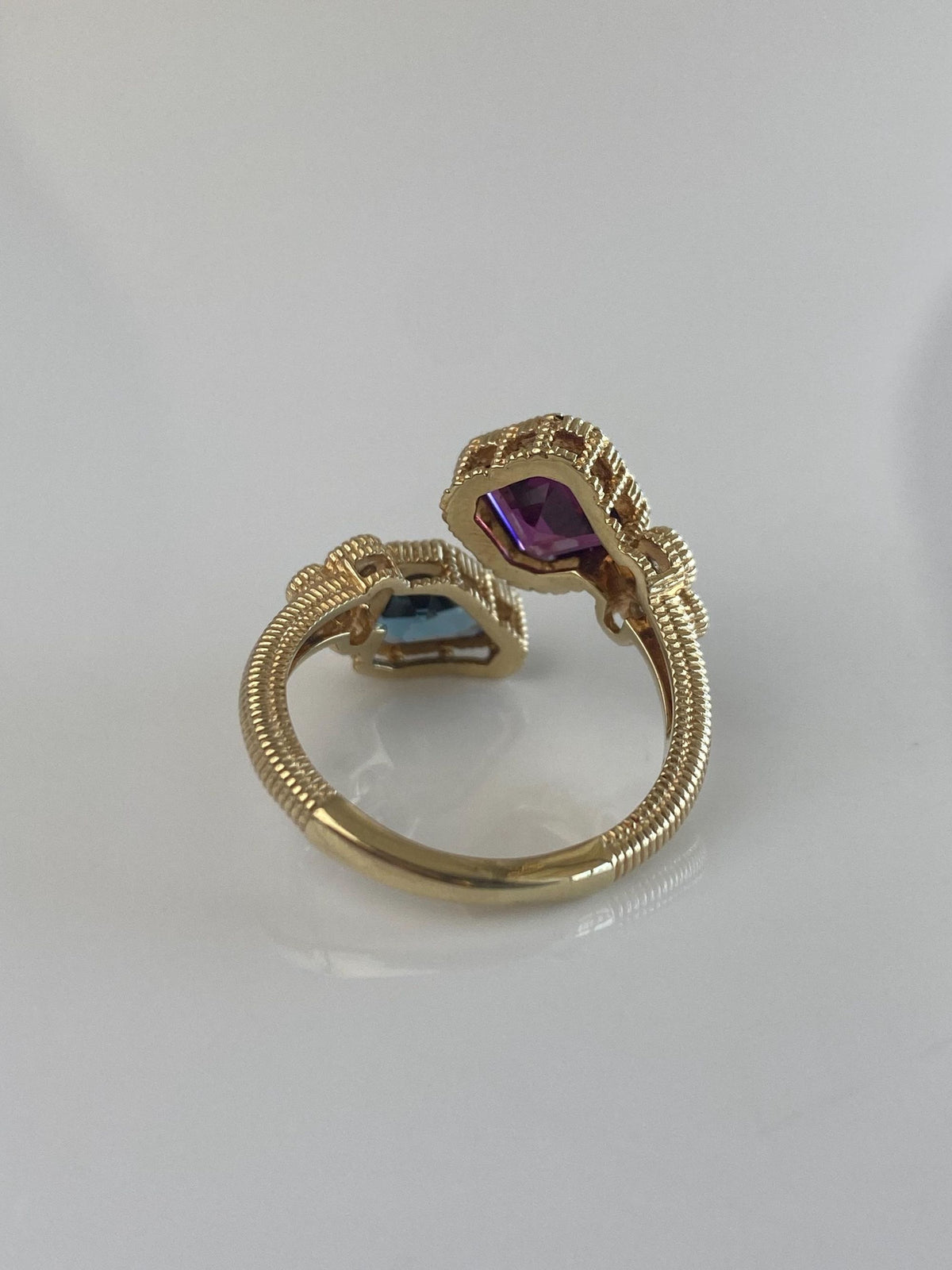 Vintage Solid 14k Yellow Gold Diamond Topaz Pink Tourmaline Bypass Textured Ring - Size 6.75