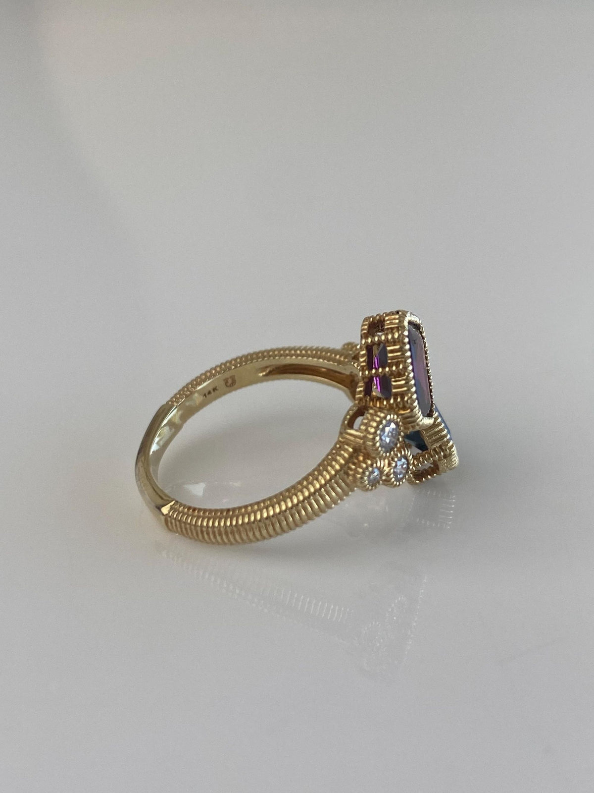 Vintage Solid 14k Yellow Gold Diamond Topaz Pink Tourmaline Bypass Textured Ring - Size 6.75