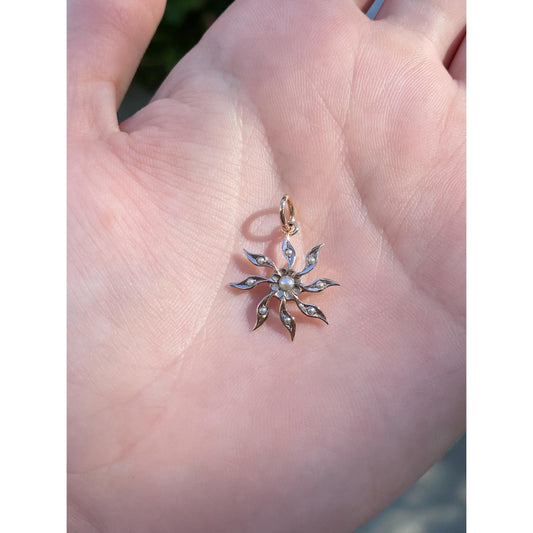 Vintage Solid 10k Rosey Gold Seed Pearl Sun Stick Pin Conversion Charm