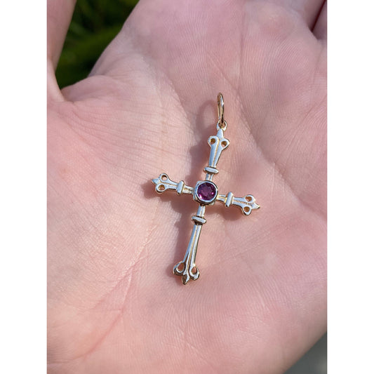 Solid 14k Yellow Gold Pink Spinel Cross Charm