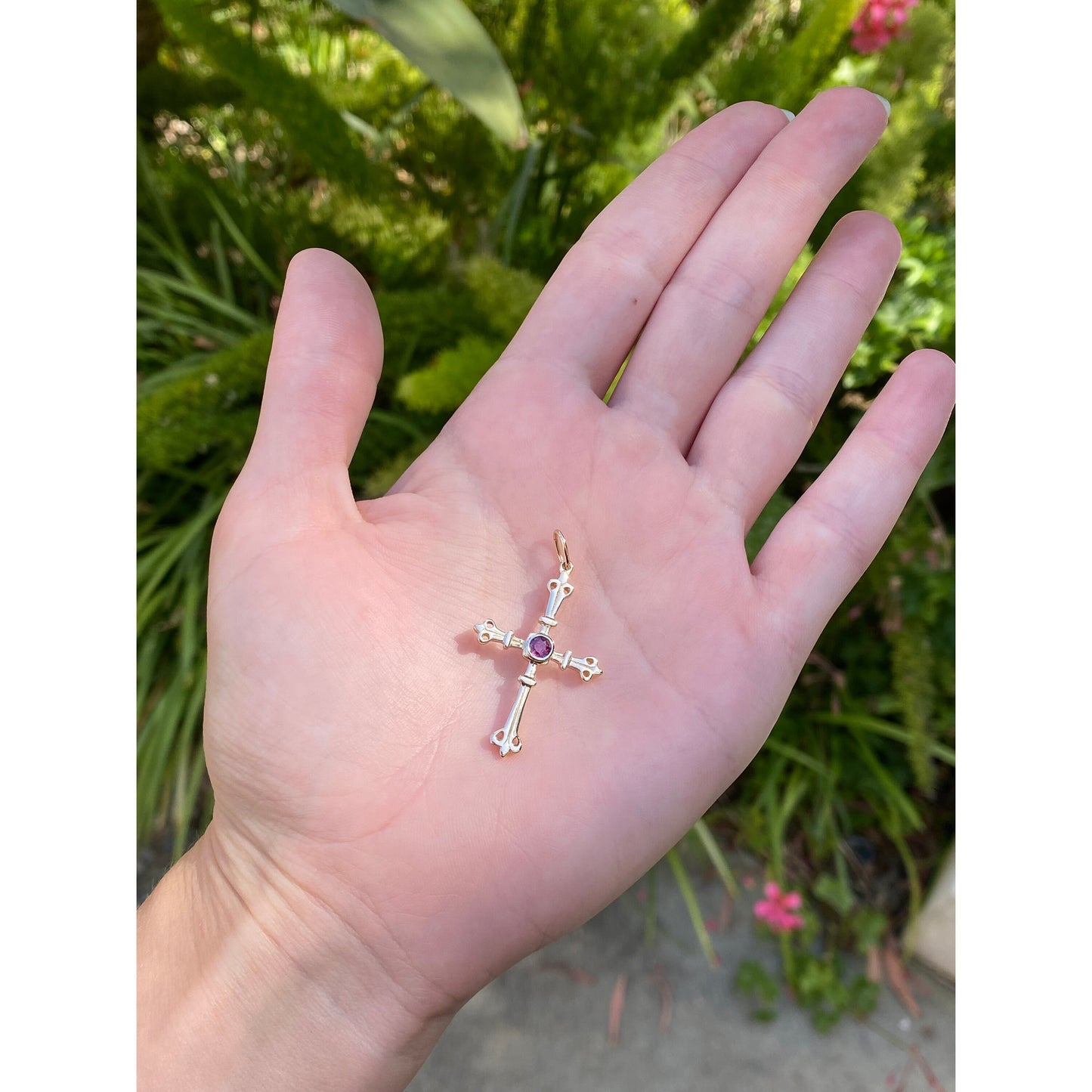 Solid 14k Yellow Gold Pink Spinel Cross Charm
