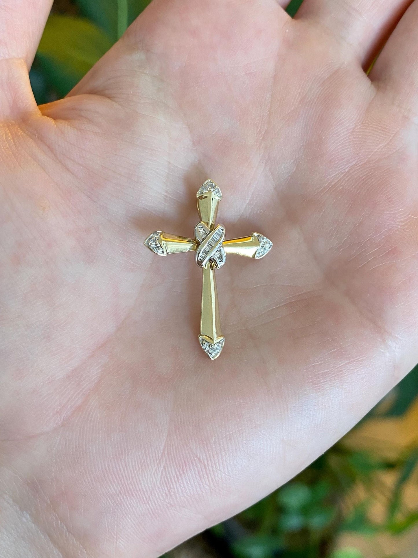 Vintage Solid 14k White & Yellow Gold Baguette and Round Diamond Cross Charm