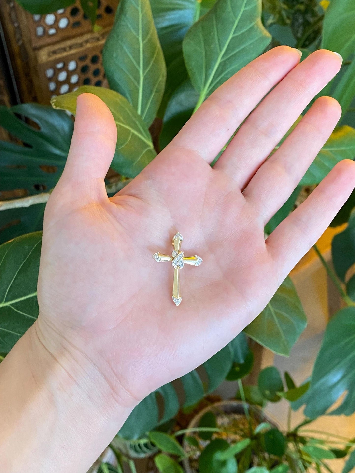 Vintage Solid 14k White & Yellow Gold Baguette and Round Diamond Cross Charm
