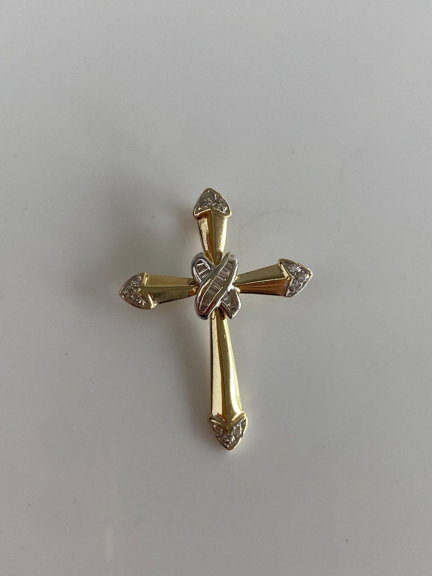 Vintage Solid 14k White & Yellow Gold Baguette and Round Diamond Cross Charm