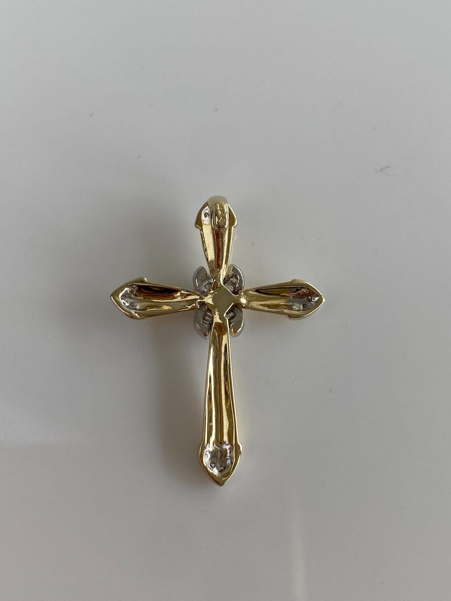 Vintage Solid 14k White & Yellow Gold Baguette and Round Diamond Cross Charm