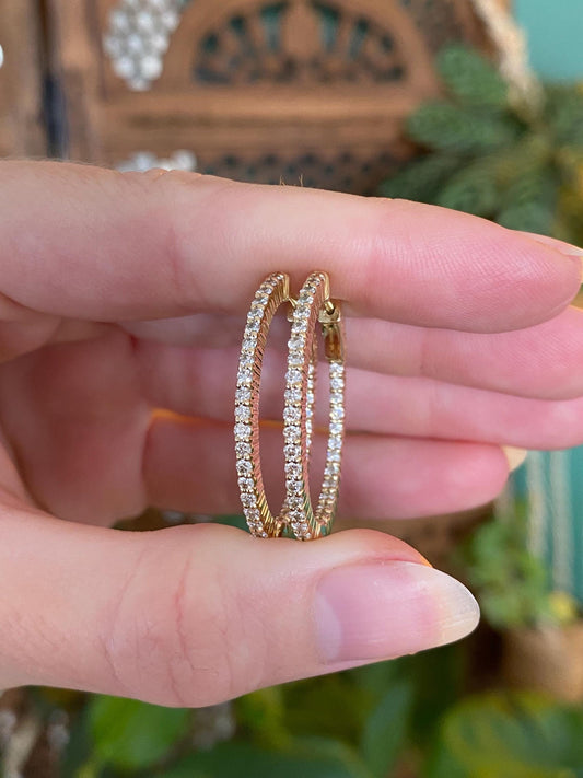 Vintage Solid 14k Yellow Gold Diamond Oval Hoop Earrings