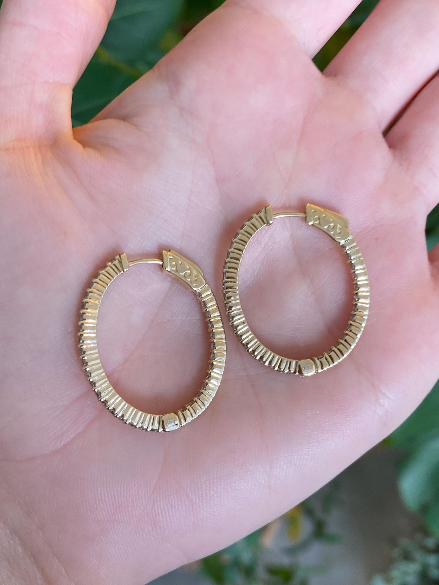 Vintage Solid 14k Yellow Gold Diamond Oval Hoop Earrings