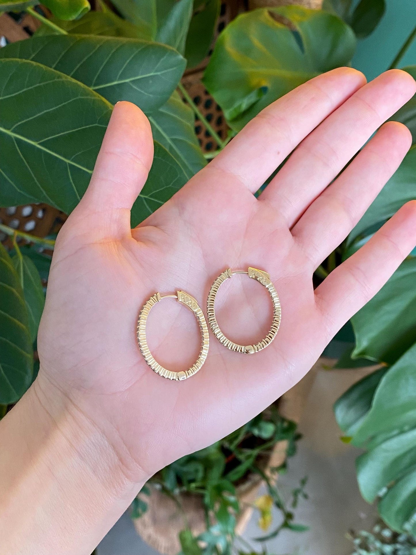 Vintage Solid 14k Yellow Gold Diamond Oval Hoop Earrings