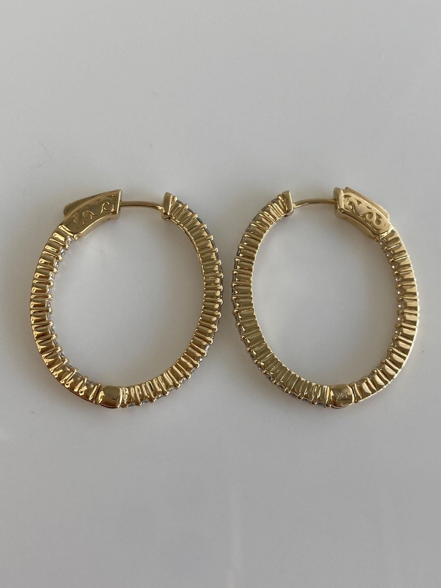 Vintage Solid 14k Yellow Gold Diamond Oval Hoop Earrings