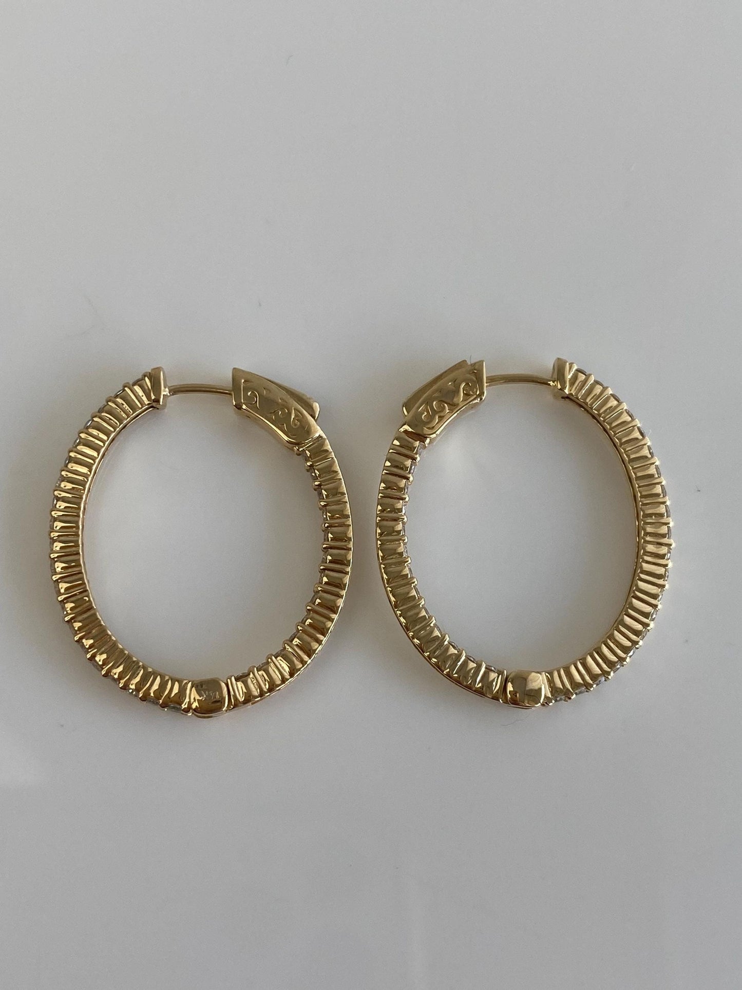 Vintage Solid 14k Yellow Gold Diamond Oval Hoop Earrings