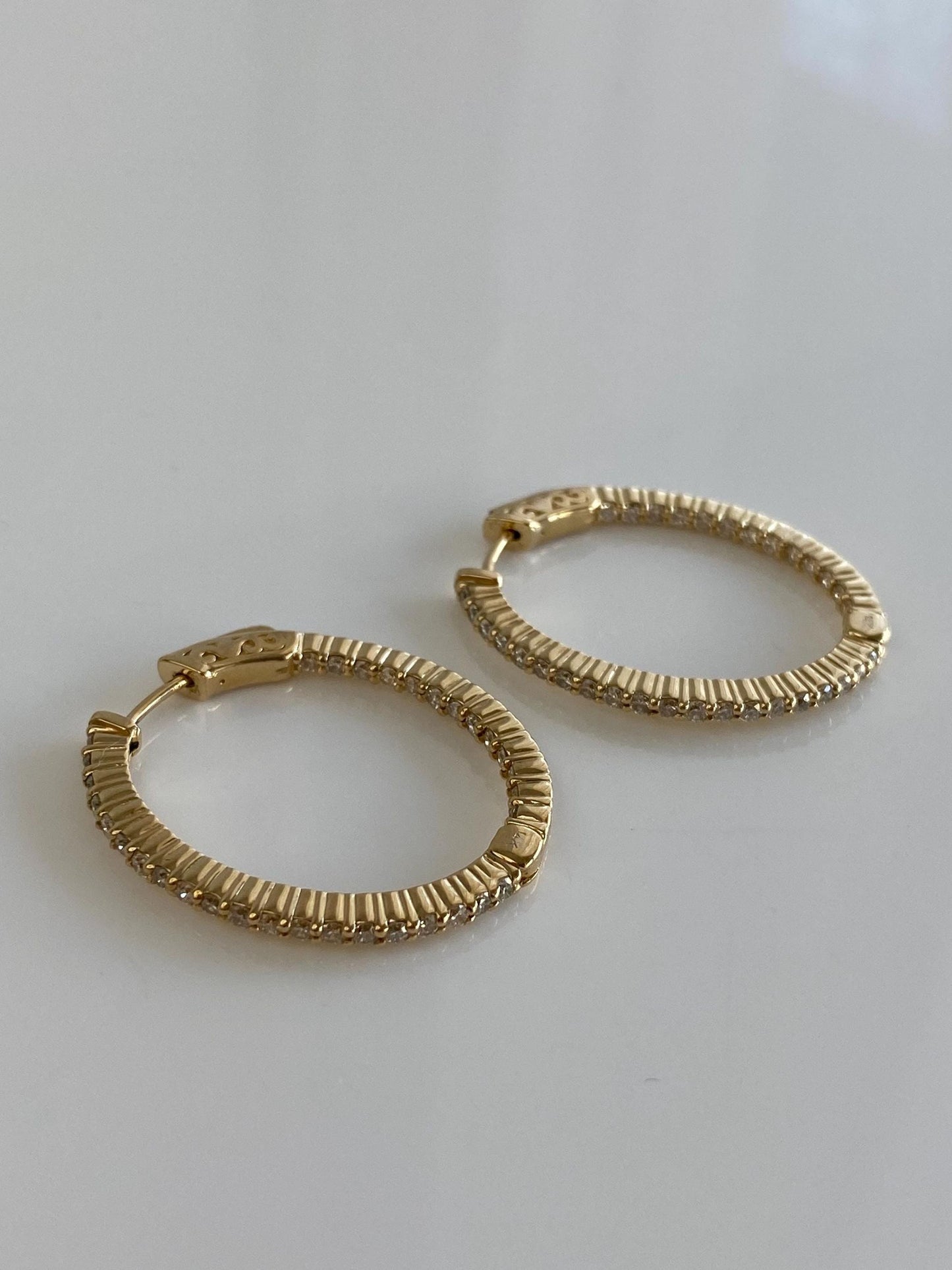 Vintage Solid 14k Yellow Gold Diamond Oval Hoop Earrings