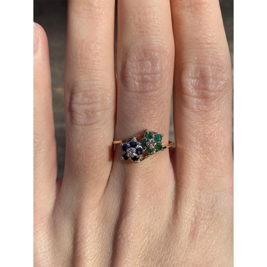 Vintage Solid 14k Yellow Gold Diamond Blue Spinel Green Cubic Zirconia Ring - Size 7.75
