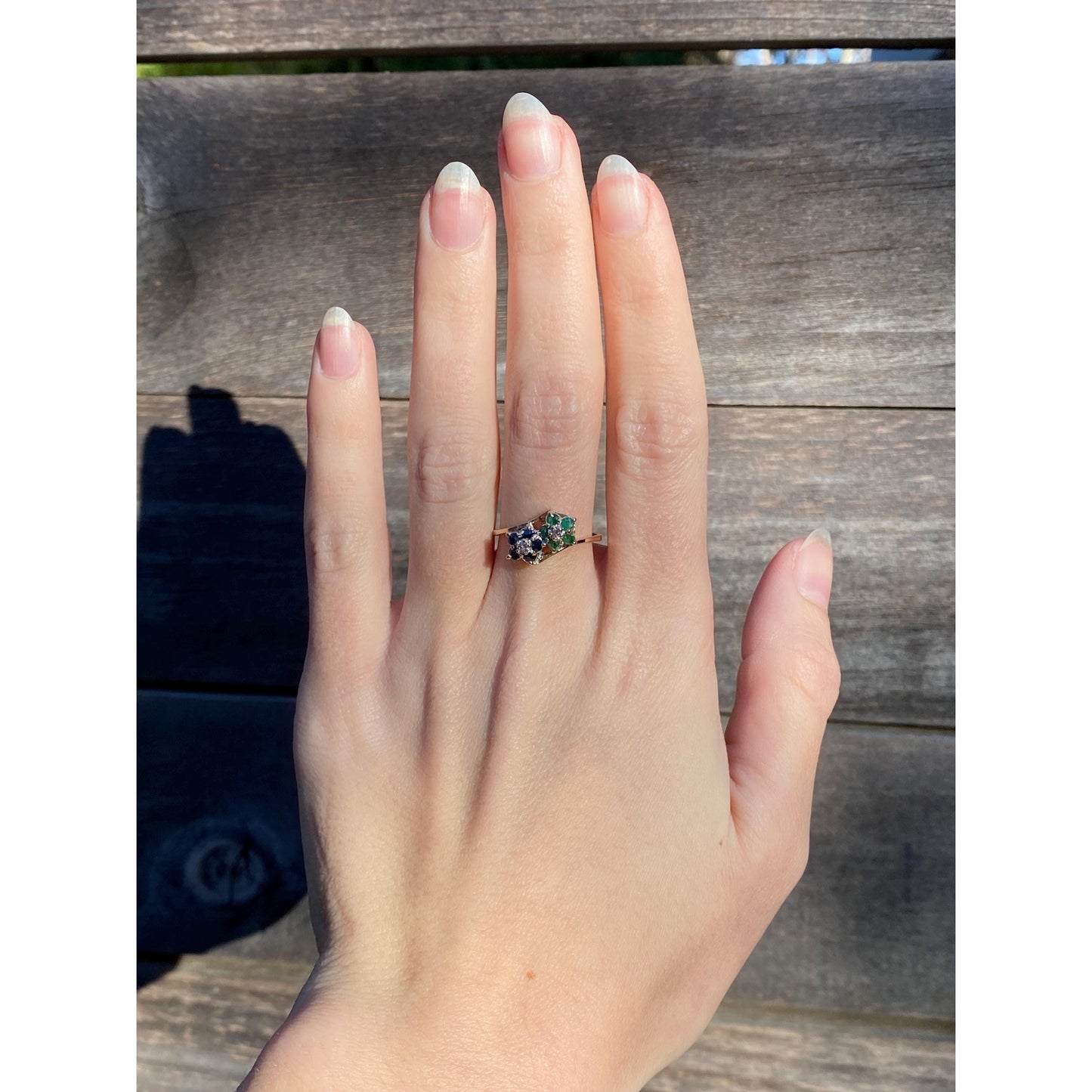 Vintage Solid 14k Yellow Gold Diamond Blue Spinel Green Cubic Zirconia Ring - Size 7.75