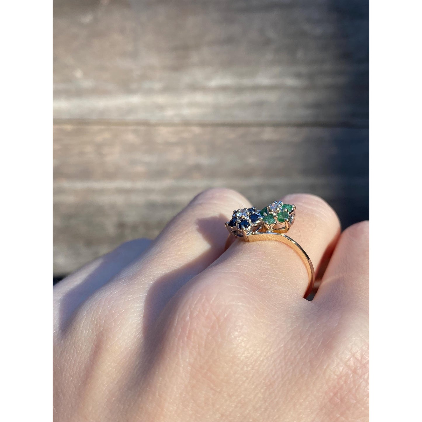 Vintage Solid 14k Yellow Gold Diamond Blue Spinel Green Cubic Zirconia Ring - Size 7.75