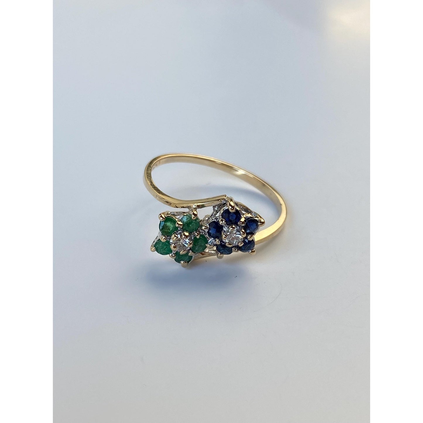 Vintage Solid 14k Yellow Gold Diamond Blue Spinel Green Cubic Zirconia Ring - Size 7.75