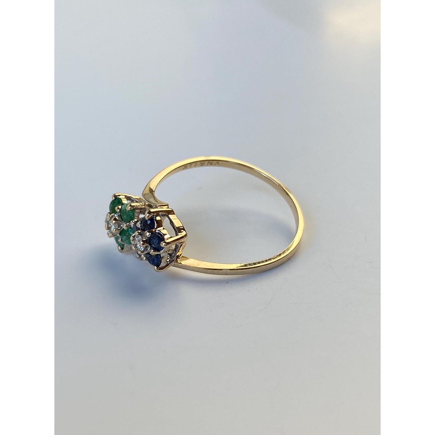 Vintage Solid 14k Yellow Gold Diamond Blue Spinel Green Cubic Zirconia Ring - Size 7.75