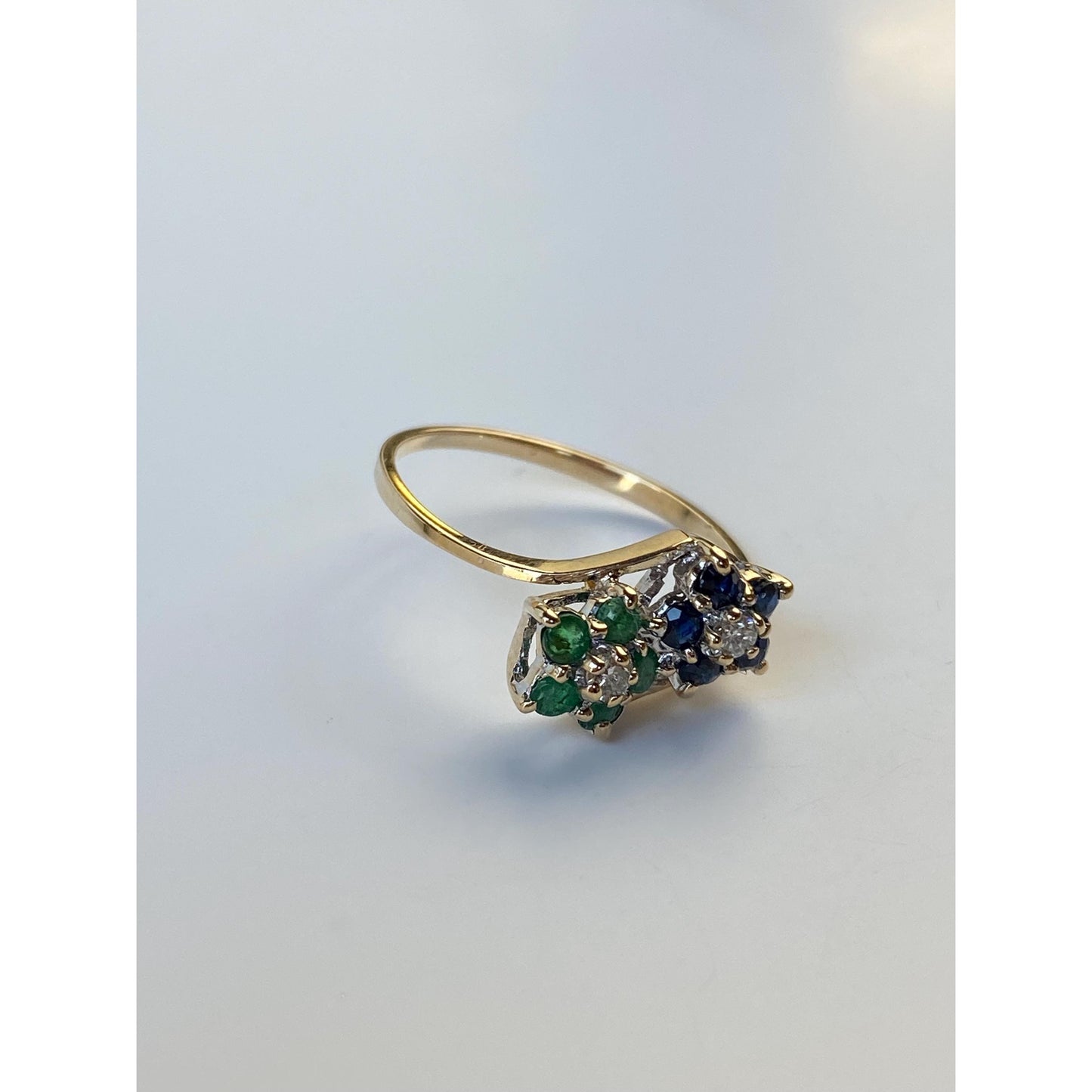 Vintage Solid 14k Yellow Gold Diamond Blue Spinel Green Cubic Zirconia Ring - Size 7.75