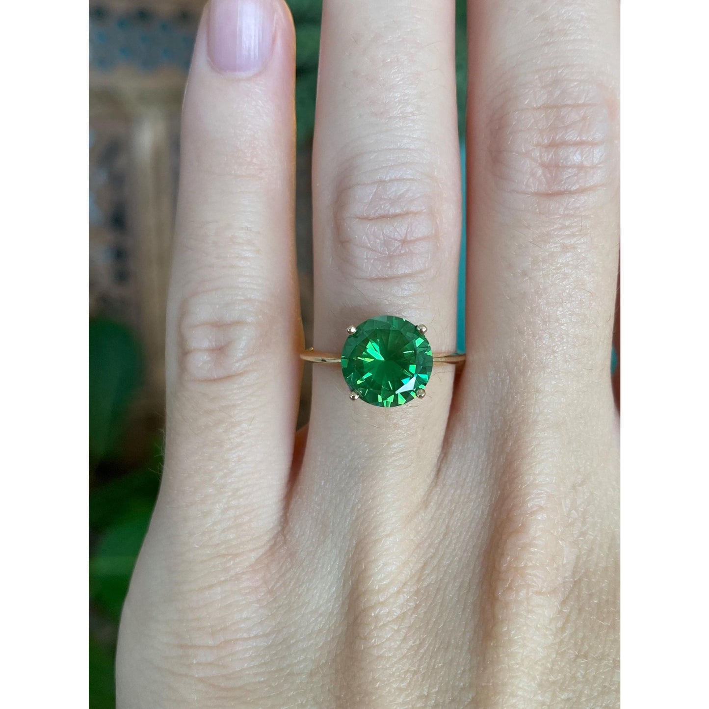 Solid 14k Yellow Gold Green Cubic Zirconia Ring - Size 6