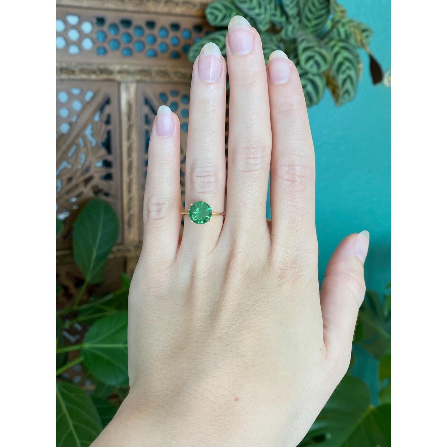 Solid 14k Yellow Gold Green Cubic Zirconia Ring - Size 6