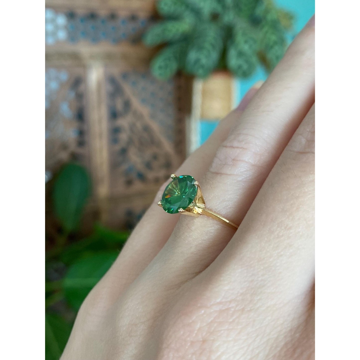 Solid 14k Yellow Gold Green Cubic Zirconia Ring - Size 6