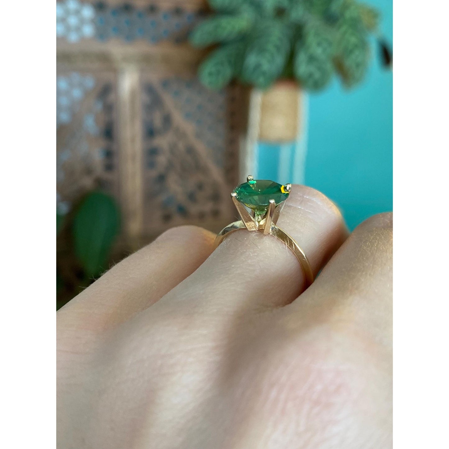 Solid 14k Yellow Gold Green Cubic Zirconia Ring - Size 6