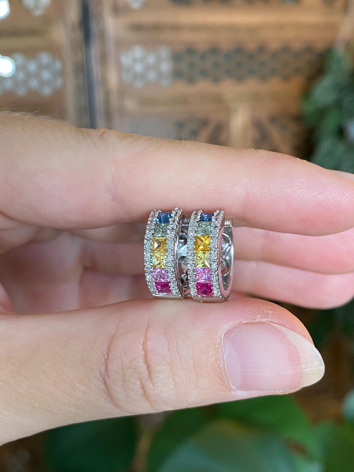 Vintage Solid 14k White Gold Diamonds Rainbow Sapphire Hoop Earrings