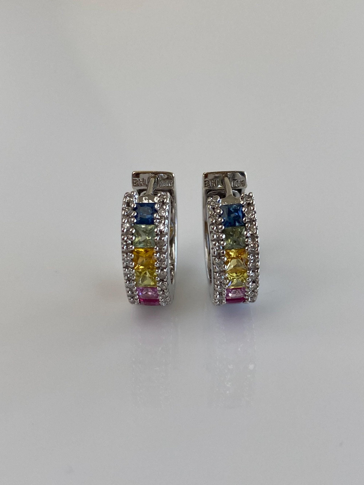 Vintage Solid 14k White Gold Diamonds Rainbow Sapphire Hoop Earrings