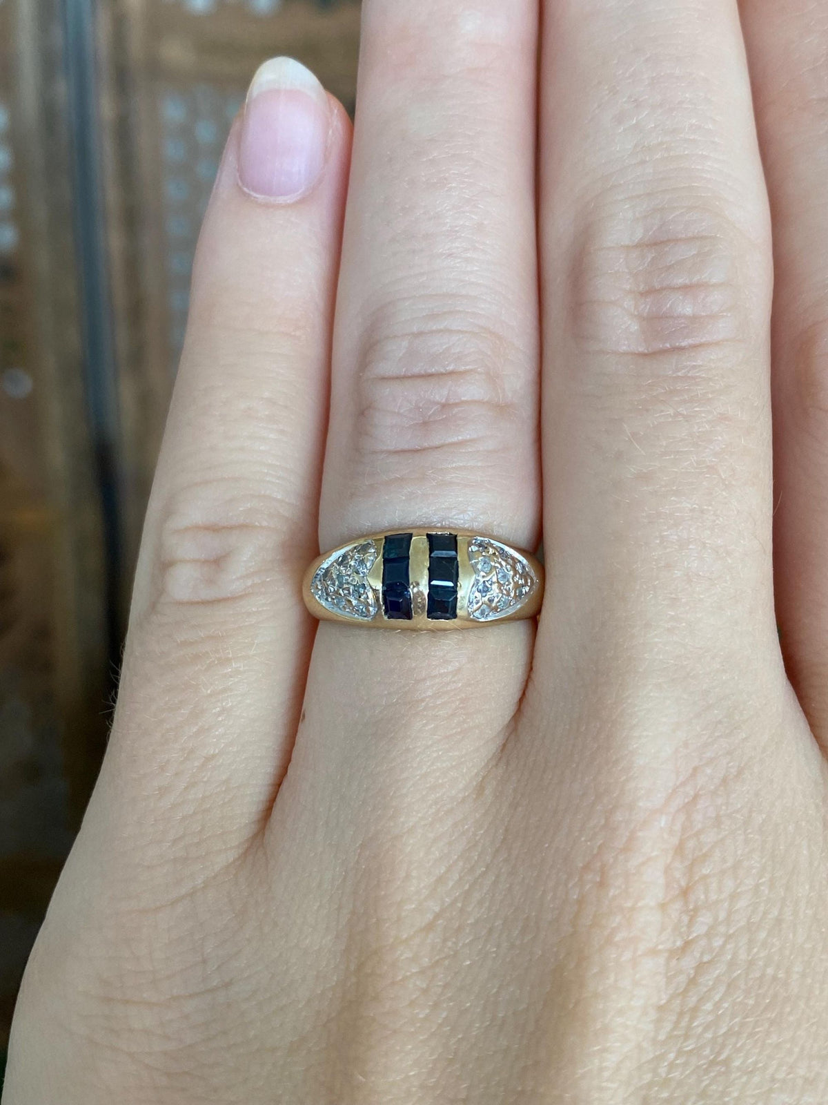 Vintage Solid 14k Yellow Gold Diamonds Blue Sapphire Ring Band - Size 5.75