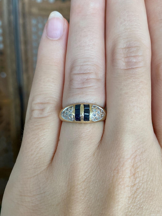 Vintage Solid 14k Yellow Gold Diamonds Blue Sapphire Ring Band - Size 5.75