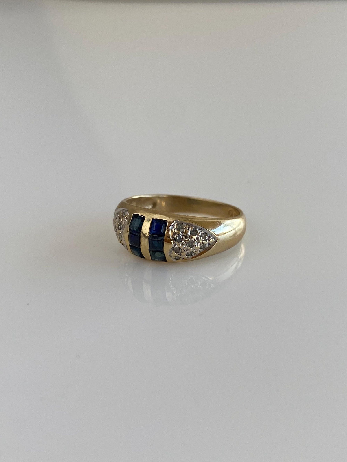 Vintage Solid 14k Yellow Gold Diamonds Blue Sapphire Ring Band - Size 5.75