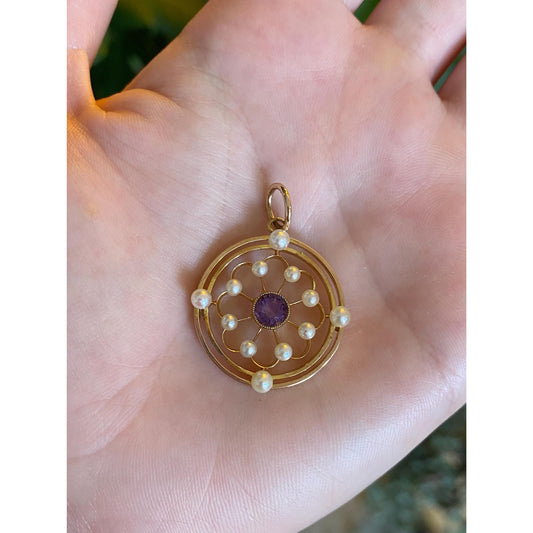 Vintage Solid 14k Yellow Gold Amethyst Pearls Charm