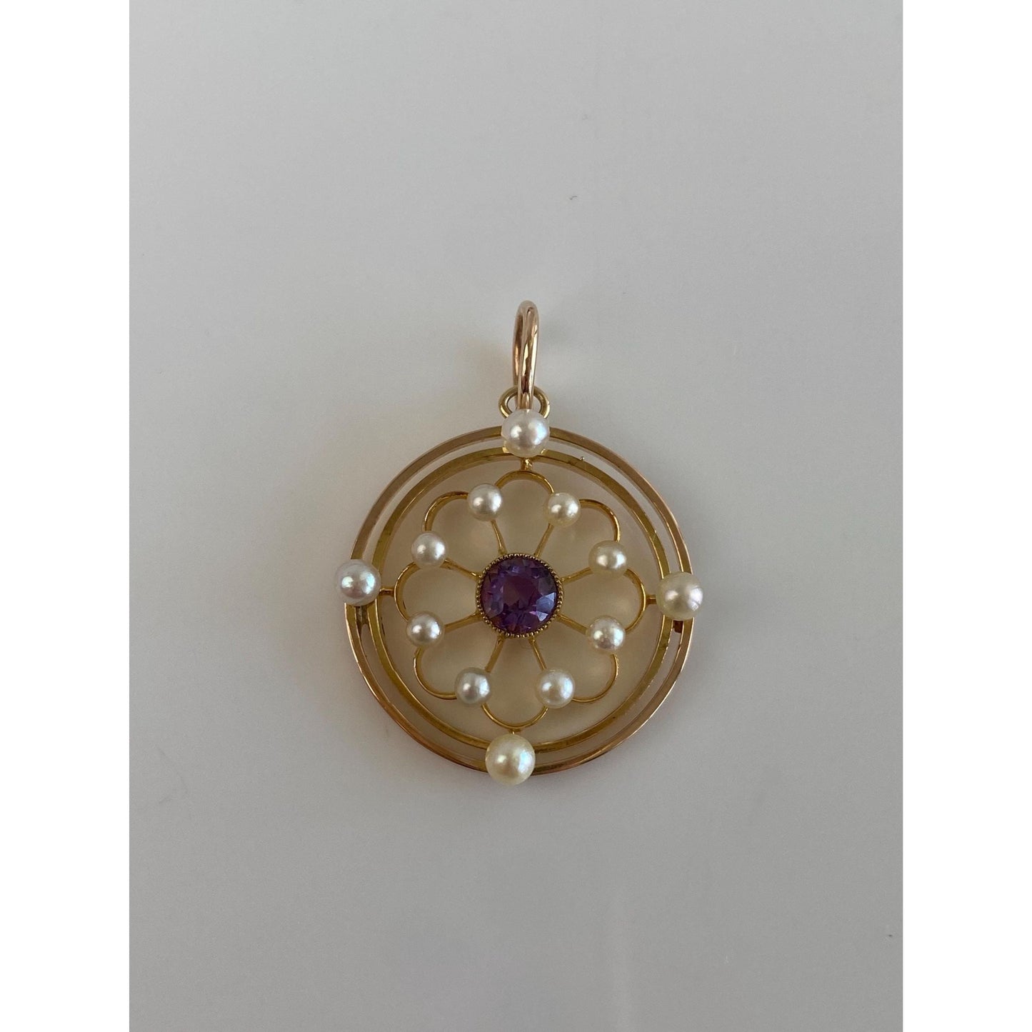 Vintage Solid 14k Yellow Gold Amethyst Pearls Charm