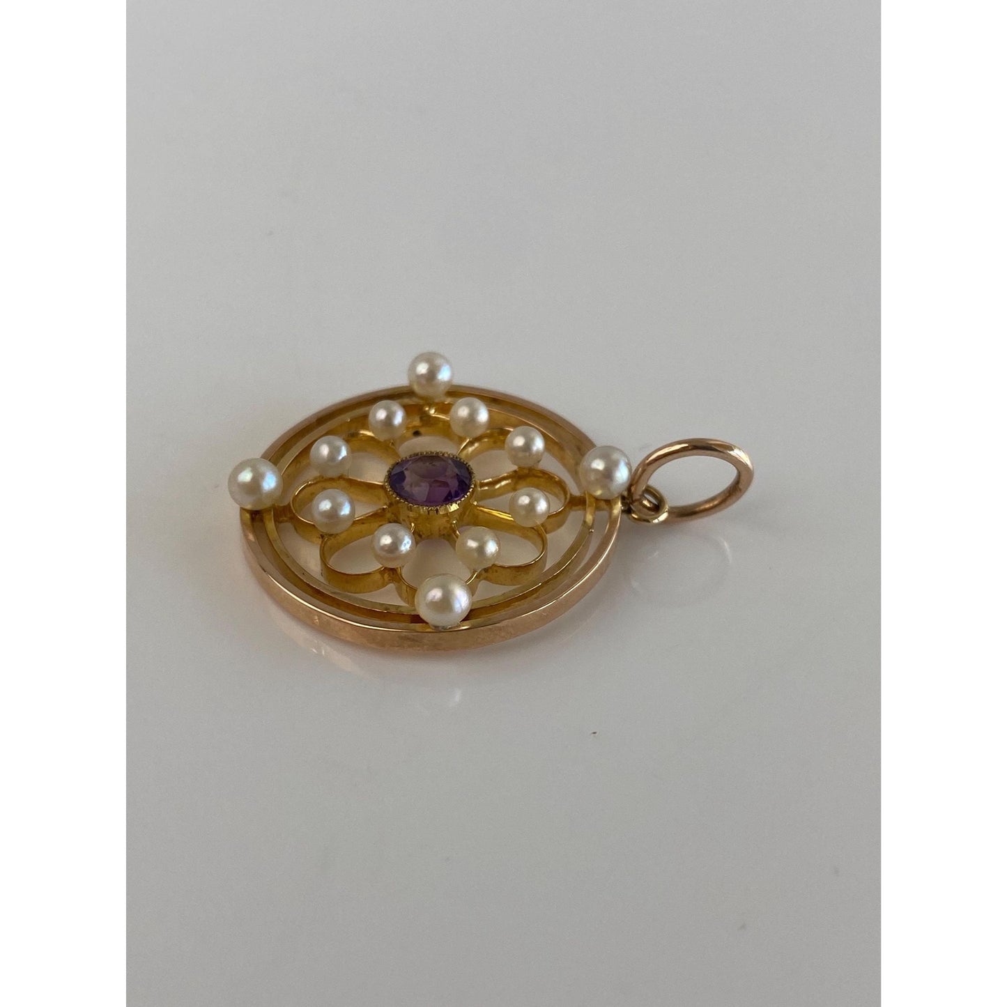 Vintage Solid 14k Yellow Gold Amethyst Pearls Charm