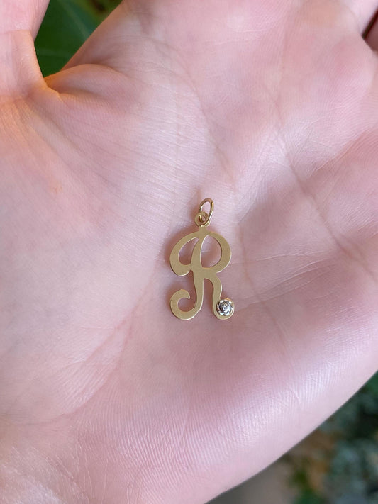 Vintage Solid 14k Yellow Gold Clear Sapphire Initial "R" Charm