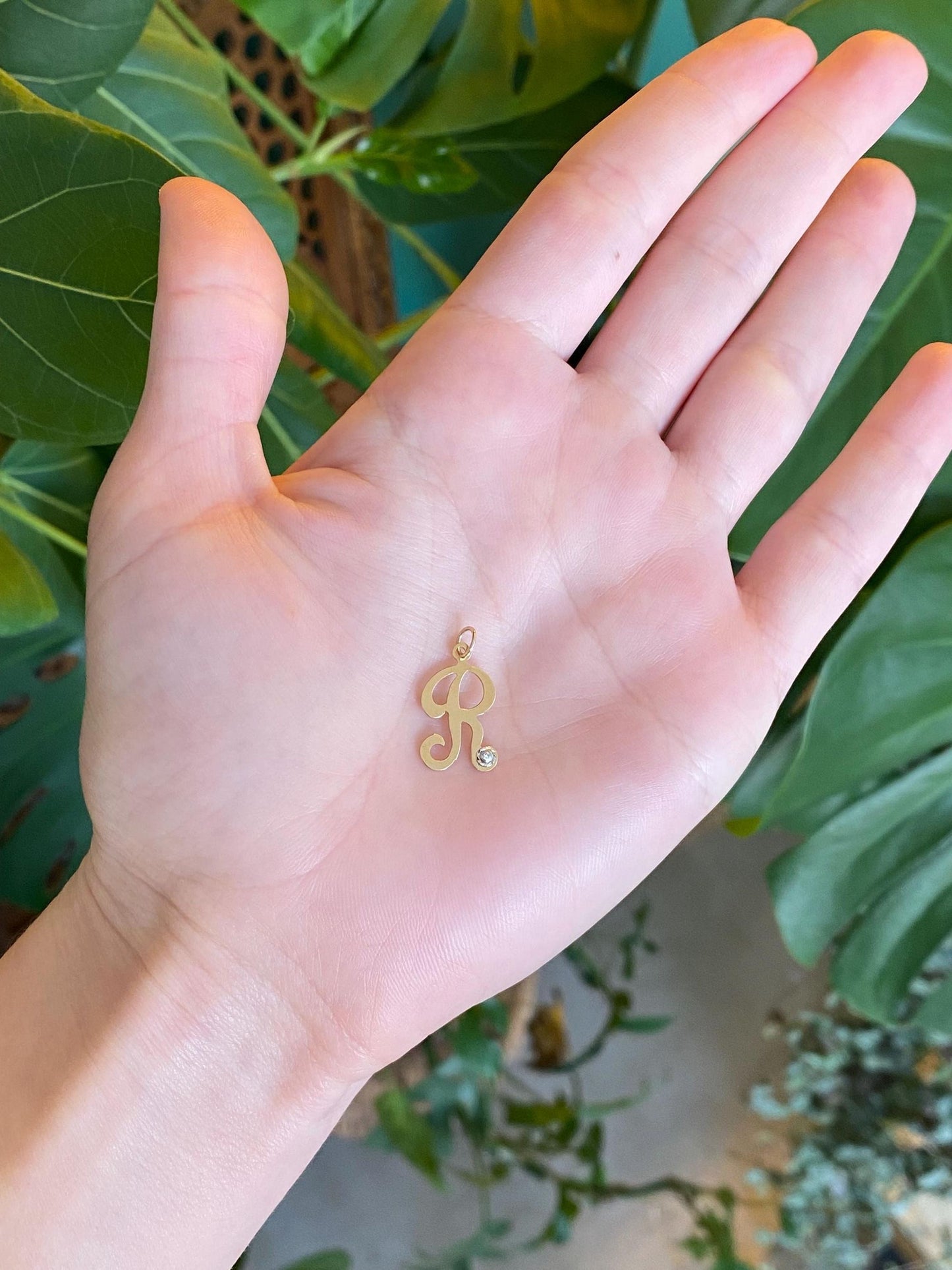 Vintage Solid 14k Yellow Gold Clear Sapphire Initial "R" Charm