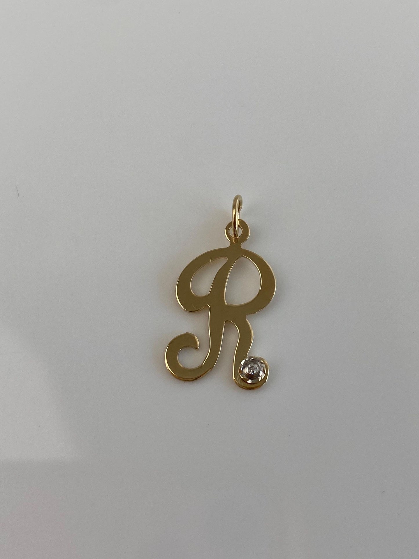 Vintage Solid 14k Yellow Gold Clear Sapphire Initial "R" Charm