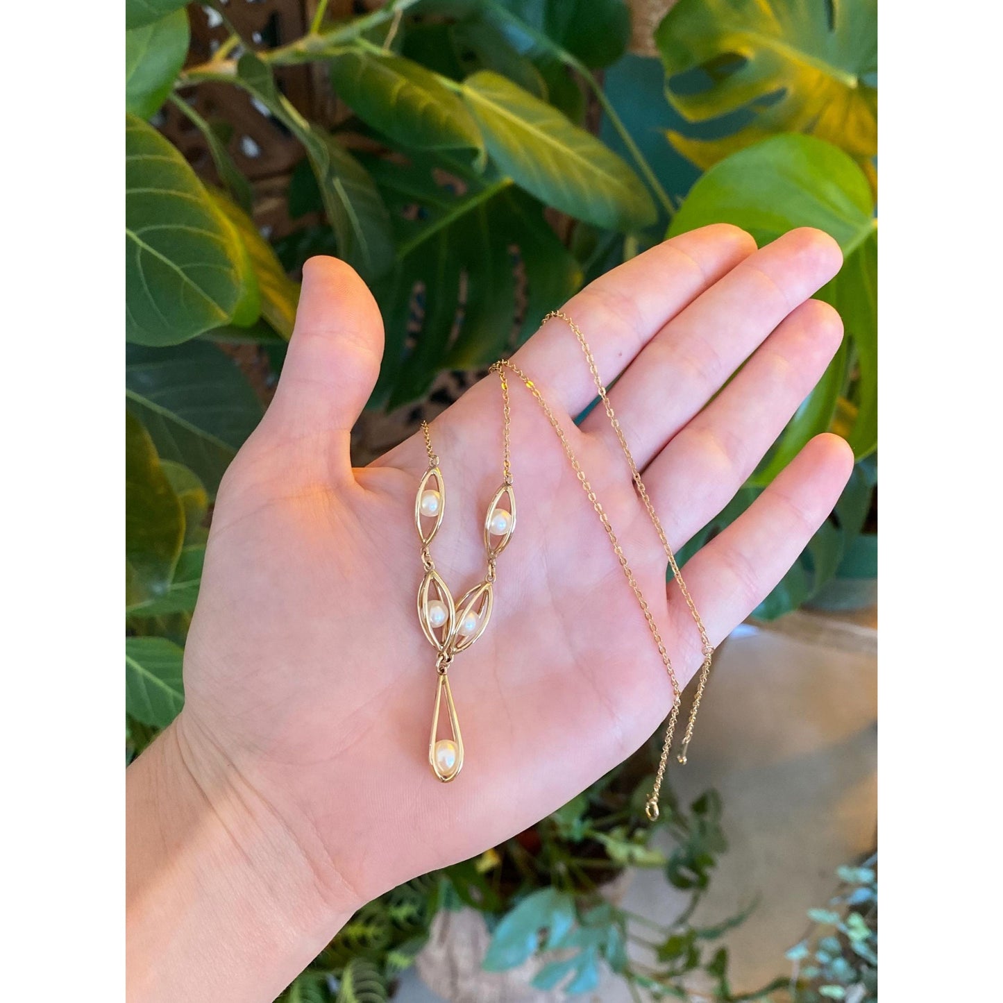 Vintage 10k Yellow Gold Pearls Cage Cable Chain Necklace - 18.75 inches