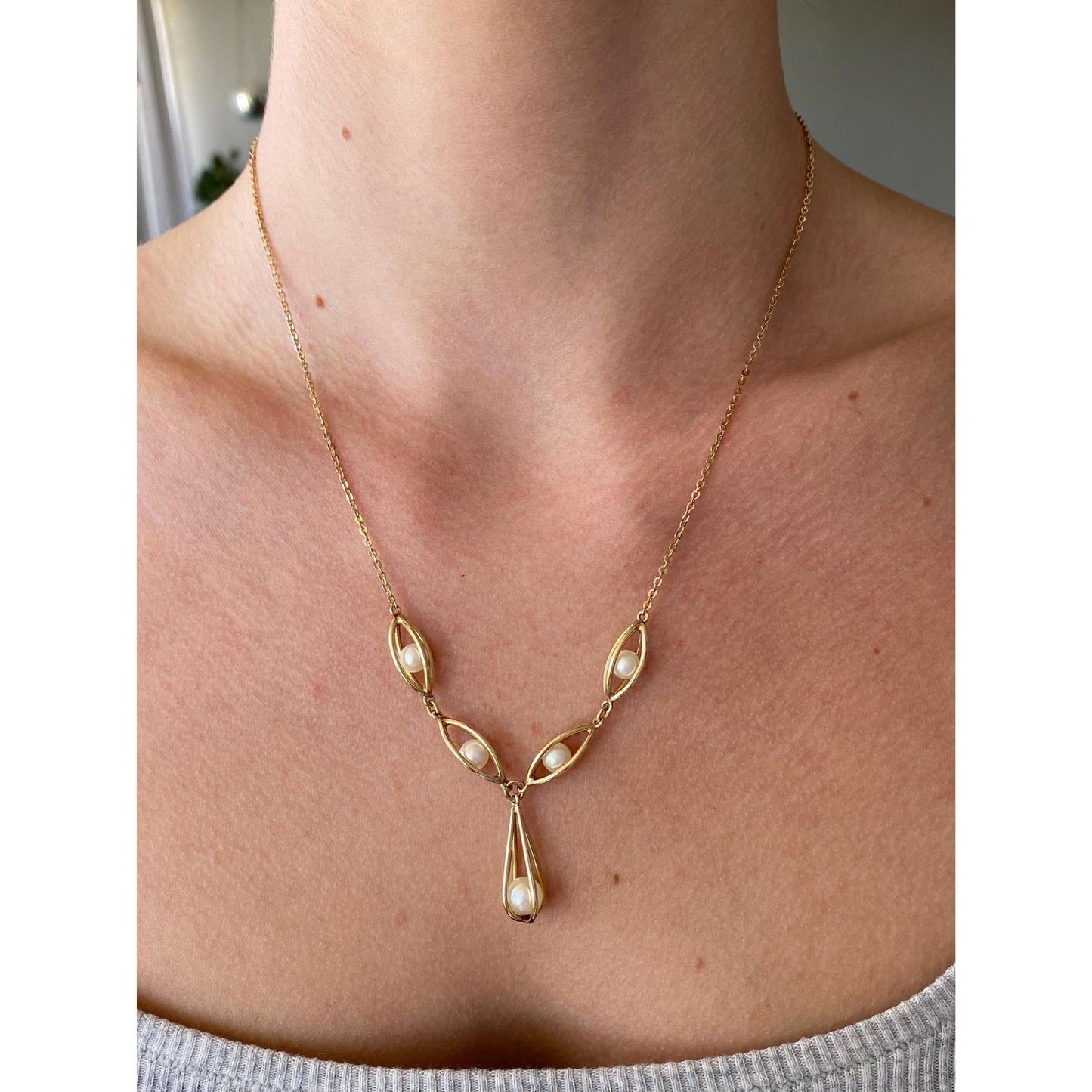 Vintage 10k Yellow Gold Pearls Cage Cable Chain Necklace - 18.75 inches