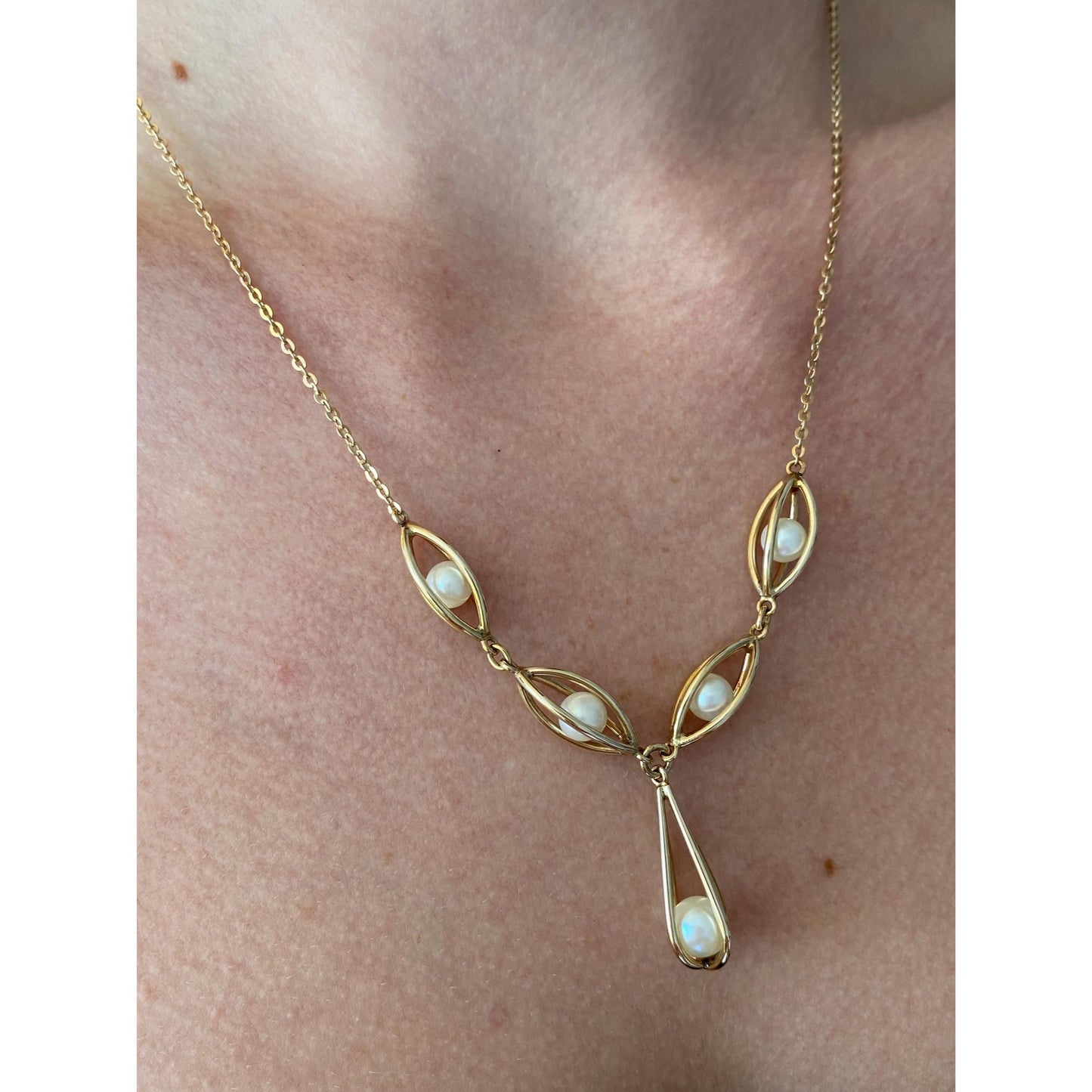 Vintage 10k Yellow Gold Pearls Cage Cable Chain Necklace - 18.75 inches