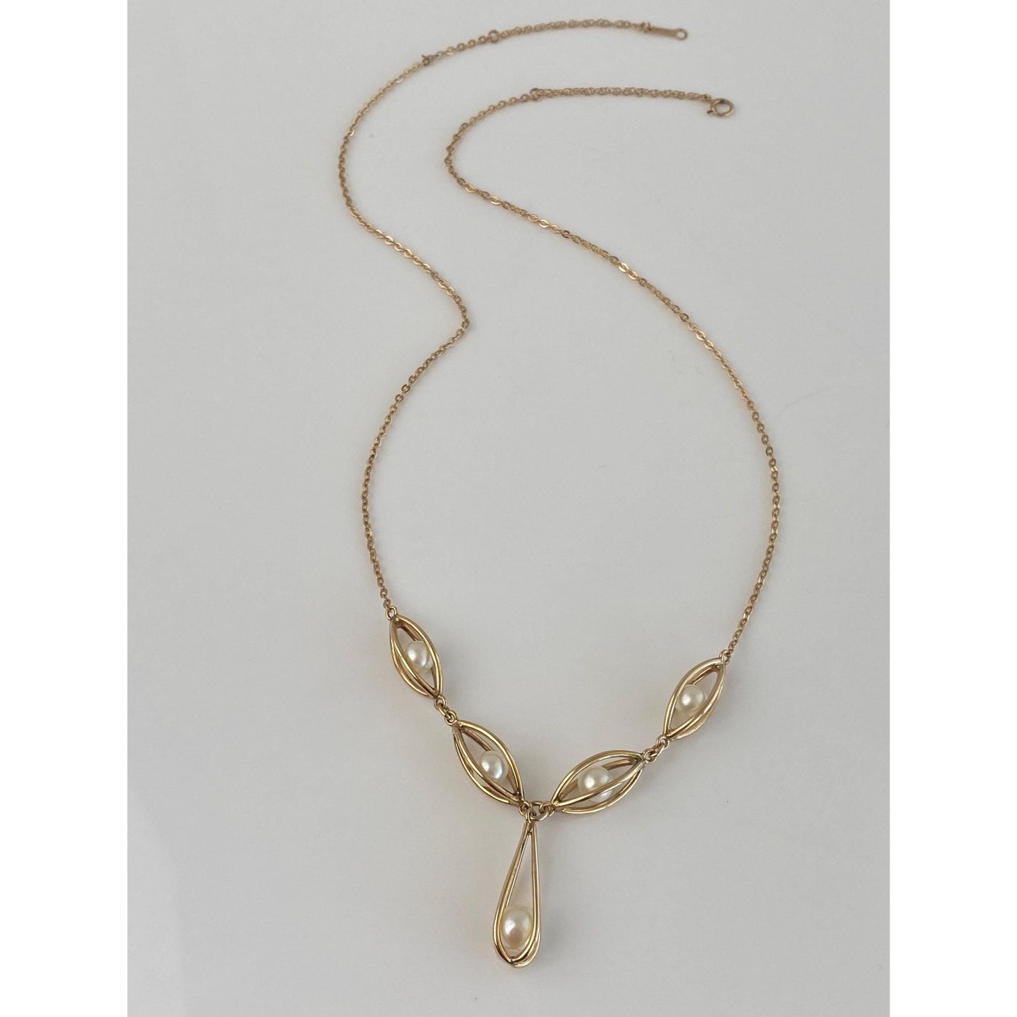 Vintage 10k Yellow Gold Pearls Cage Cable Chain Necklace - 18.75 inches