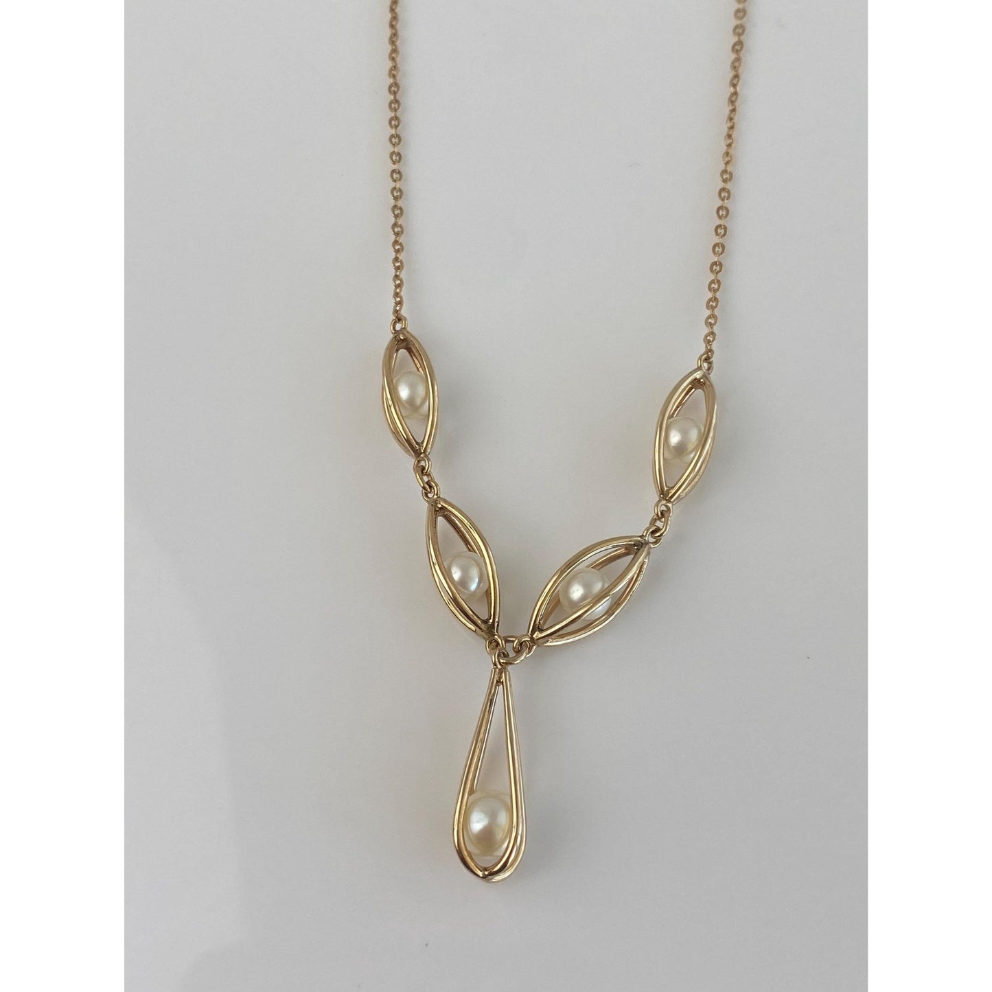 Vintage 10k Yellow Gold Pearls Cage Cable Chain Necklace - 18.75 inches