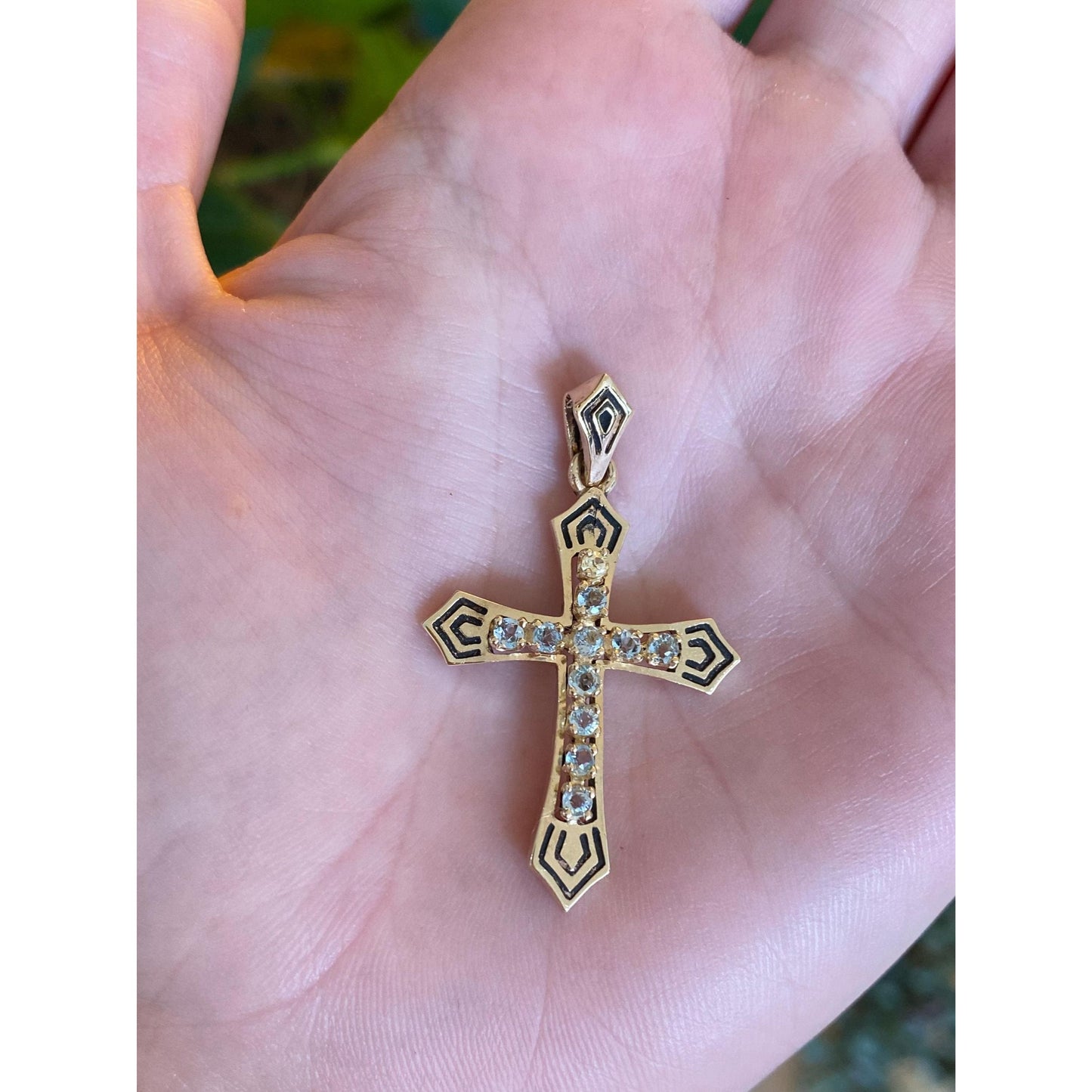 Solid 14k Yellow Gold Clear Sapphire Light Blue Cubic Zirconia Cross Charm