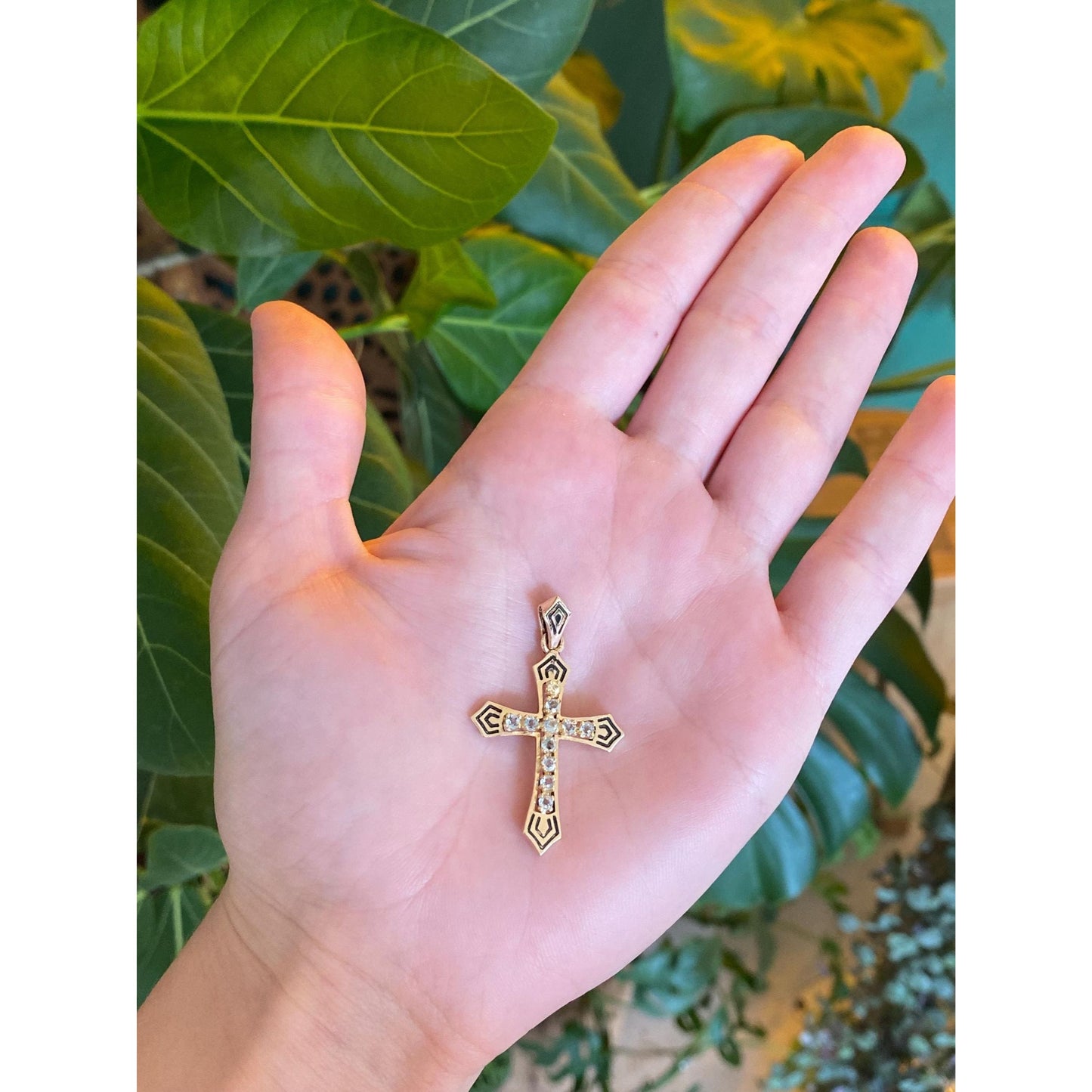 Solid 14k Yellow Gold Clear Sapphire Light Blue Cubic Zirconia Cross Charm