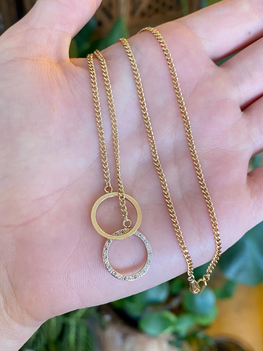 Vintage Solid 14k Yellow Gold Diamond Circles Curb Chain Necklace - 15 inches