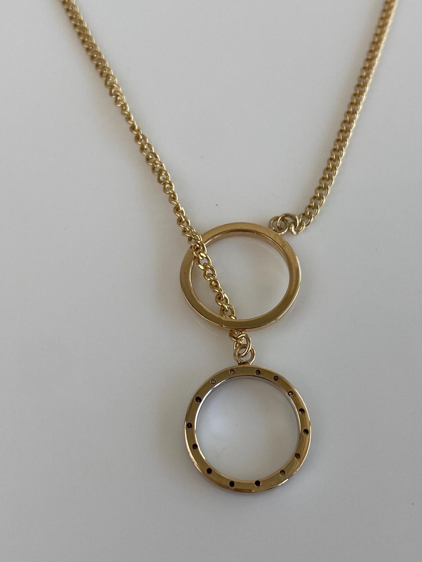 Vintage Solid 14k Yellow Gold Diamond Circles Curb Chain Necklace - 15 inches