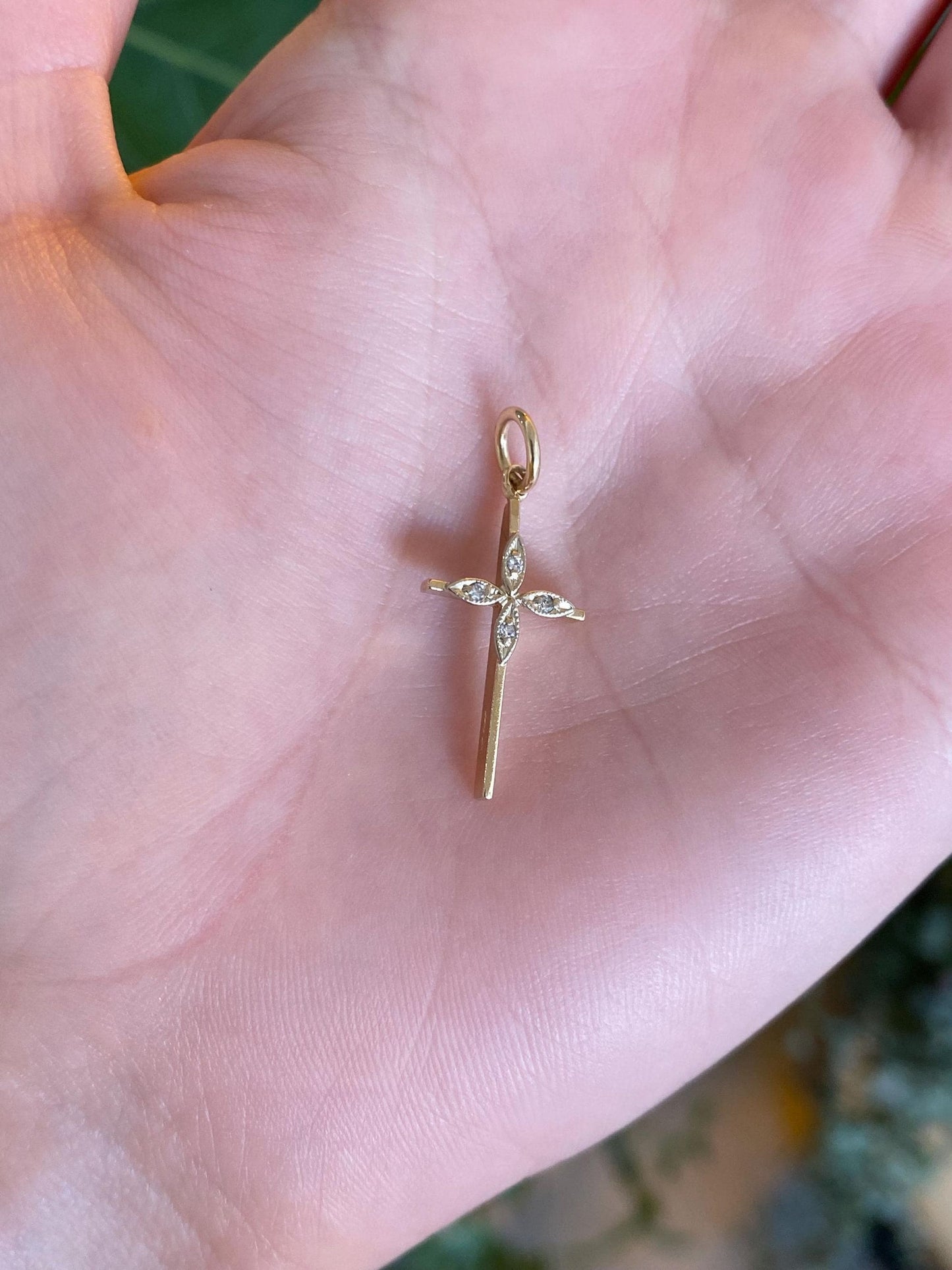 Vintage Solid 14k White & Yellow Gold Diamond Cross Charm