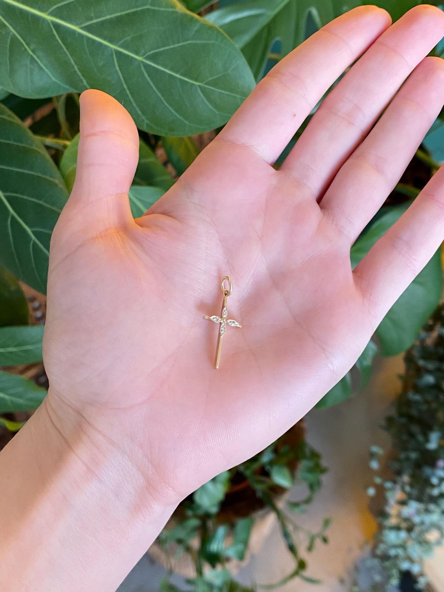 Vintage Solid 14k White & Yellow Gold Diamond Cross Charm