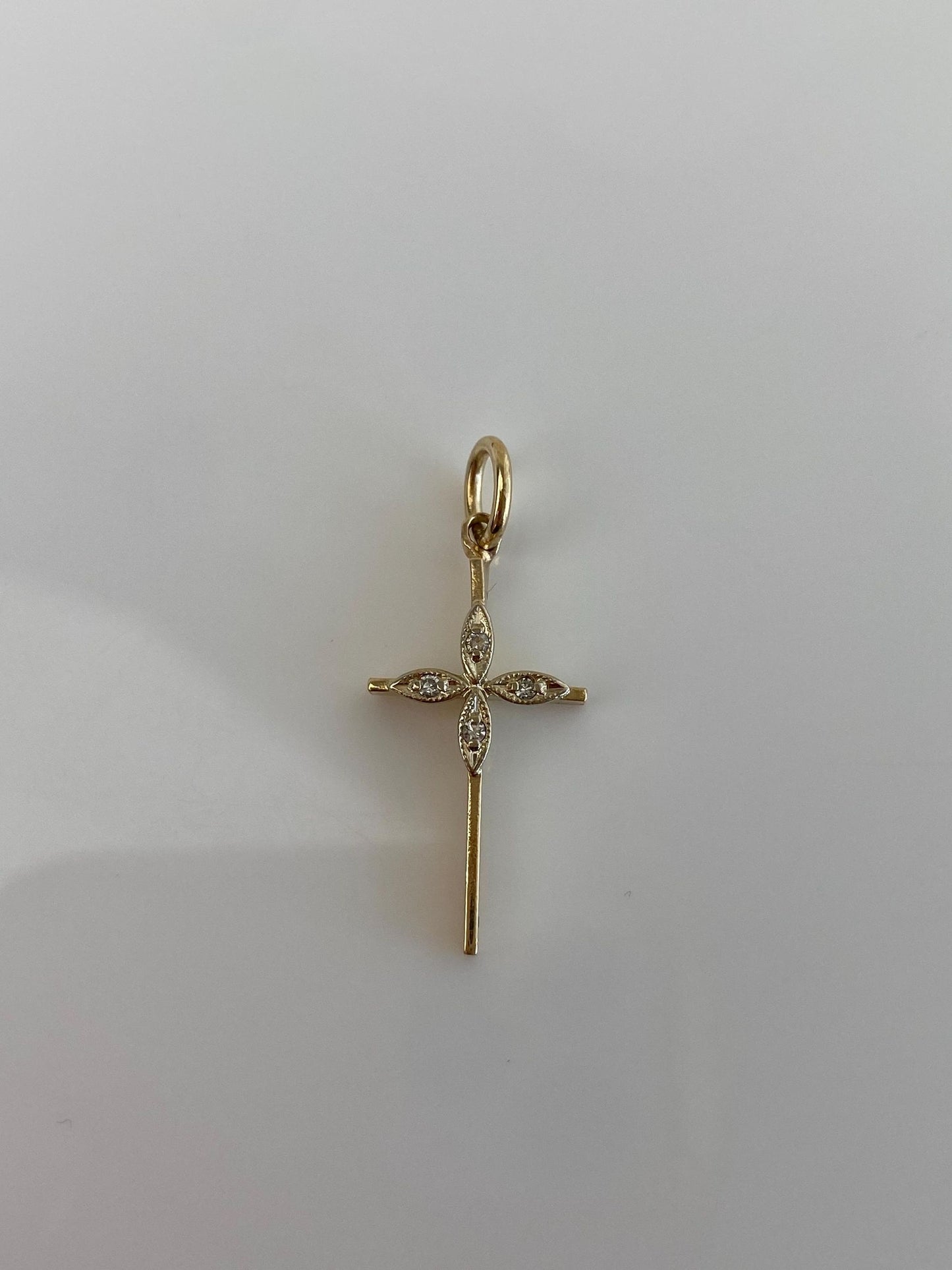 Vintage Solid 14k White & Yellow Gold Diamond Cross Charm