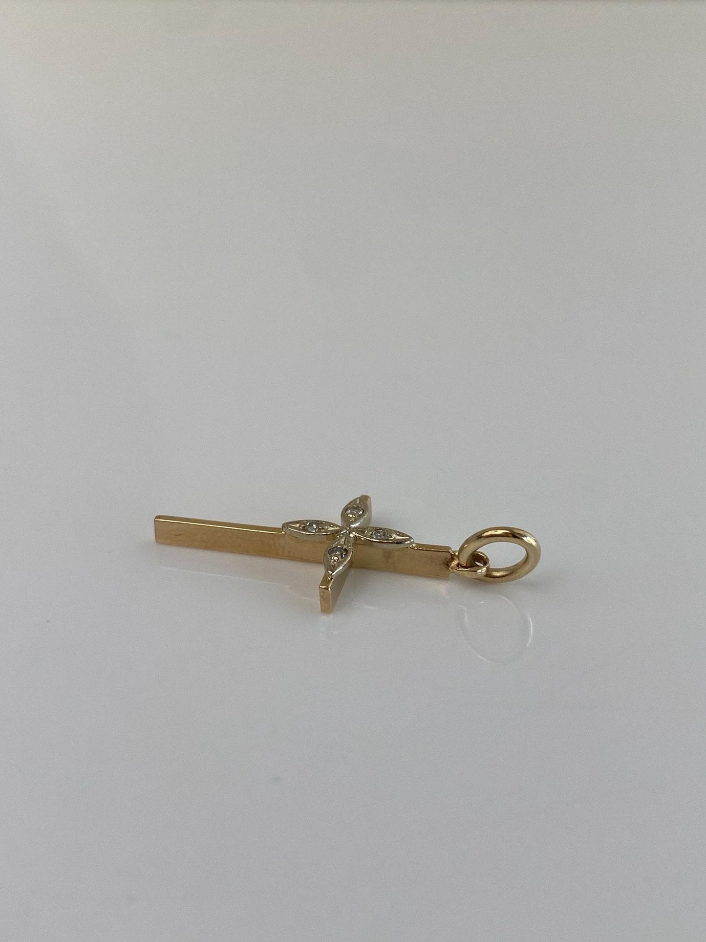 Vintage Solid 14k White & Yellow Gold Diamond Cross Charm